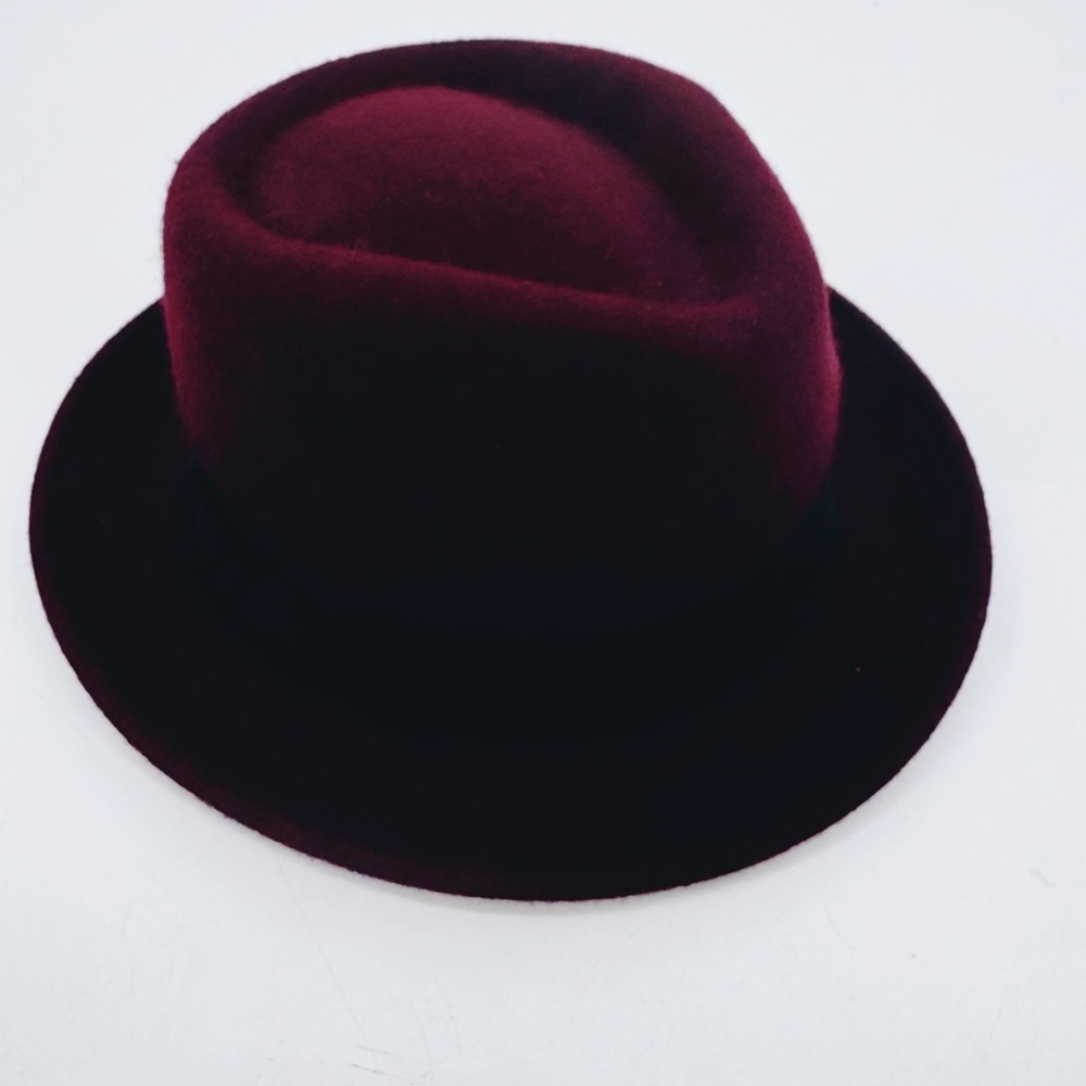 Burgundy Wool Felt Fedora Hat Wide Brim Classic Grosgrain‎ Ribbon